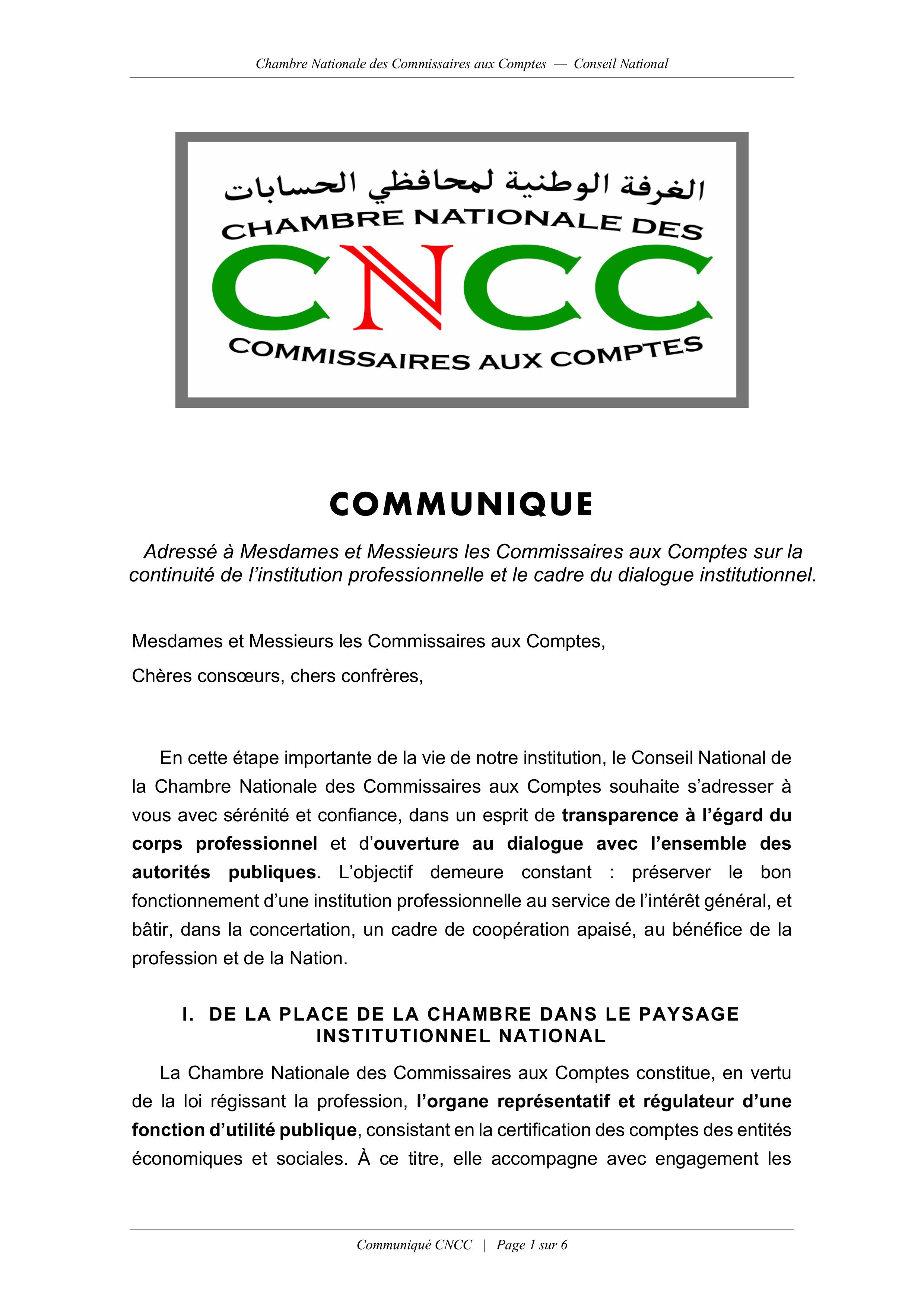 Communique : Adressé à Masdames et Messieurs les commissaires aux comptes sur la continuité de l'institution professionnelle et le cadre du dialogue institutionnel